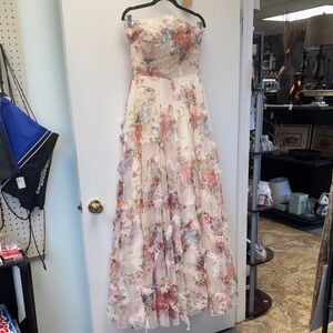 Strapless Floral Tiered Prom Dress - Cream Multi